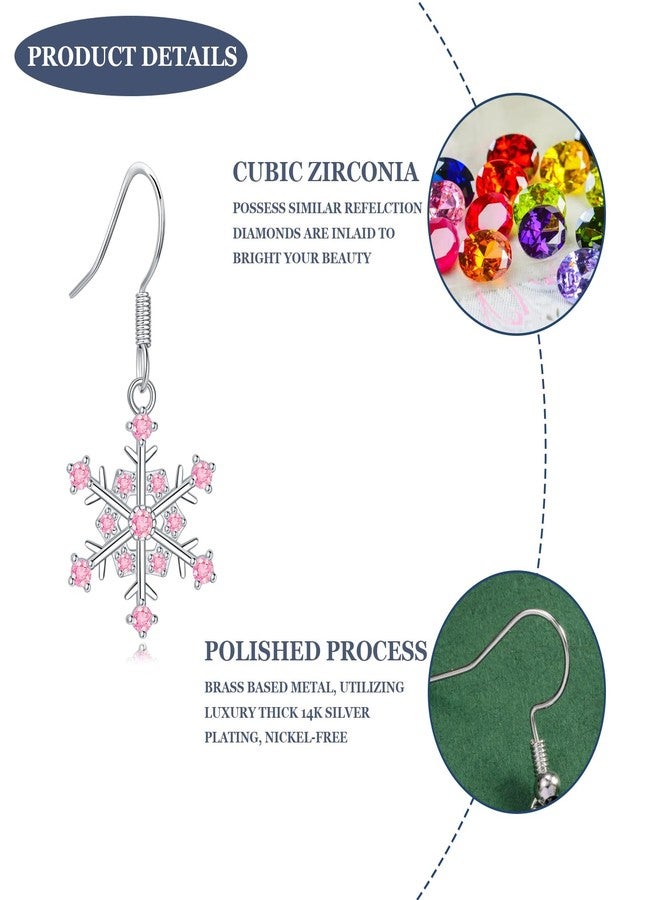 Sfoni Christmas Snowflake Earrings, Silver Sparkling CZ Crystal Dangle Drop Earrings 18K White Gold Rhinestone Xmas Earrings Jewelry Gift for Women Mum Daughter Sister with Gift Card & Box, Pink Stone - Image 2